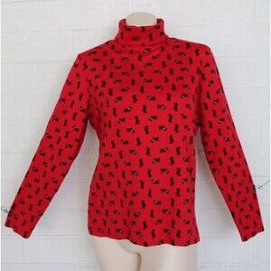 Karen Scott L Black Scottish Terrier Dogs Turtleneck Red Knit Long Sleeve Top